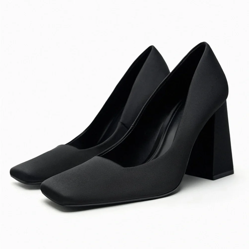 Zara SQUARED TOE BLOCK HEEL SHOES. Black. Size 6.5. New with Tags.